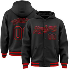 Laden Sie das Bild in den Galerie-Viewer, Uksn Individuelles Bomberjacke in Schwarz-Rot mit Druckknopfleiste, Kapuze und Varsity-Letterman-Stil