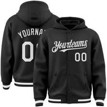Laden Sie das Bild in den Galerie-Viewer, Uksn Individuelles Bomberjacke in Schwarz-Weiß mit Druckknopfleiste, Kapuze und Varsity-Letterman-Stil