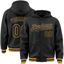 Laden Sie das Bild in den Galerie-Viewer, Uksn Individuelles Bomberjacke in Schwarz-Altgold mit Druckknopfleiste, Kapuze und Varsity-Letterman-Stil