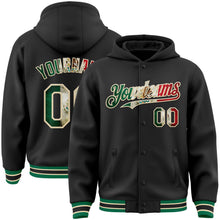 Laden Sie das Bild in den Galerie-Viewer, Uksn Individuelles Bomberjacke in Schwarz-Creme-Kelly-Grün mit Vintage-Mexiko-Flagge, Druckknopfleiste, Kapuze und Varsity-Letterman-Stil