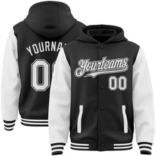 Laden Sie das Bild in den Galerie-Viewer, Uksn Individuelles Bomberjacke in Schwarz-Weiß mit Druckknopfleiste, Kapuze, Zweifarben-Design und Varsity-Letterman-Stil