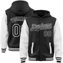 Laden Sie das Bild in den Galerie-Viewer, Uksn Individuelles Bomberjacke in Schwarz-Weiß mit Druckknopfleiste, Kapuze, Zweifarben-Design und Varsity-Letterman-Stil