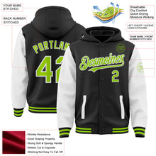 Laden Sie das Bild in den Galerie-Viewer, Uksn Individuelles Bomberjacke in Schwarz-Neongrün-Weiß mit Druckknopfleiste, Kapuze, Zweifarben-Design und Varsity-Letterman-Stil