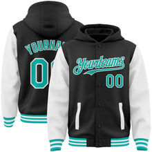 Laden Sie das Bild in den Galerie-Viewer, Uksn Individuelles Bomberjacke in Schwarz-Aqua-Weiß mit Druckknopfleiste, Kapuze, Zweifarben-Design und Varsity-Letterman-Stil
