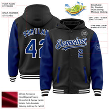 Laden Sie das Bild in den Galerie-Viewer, Uksn Individuelles Bomberjacke in Schwarz-Royalblau-Weiß mit Druckknopfleiste, Kapuze, Zweifarben-Design und Varsity-Letterman-Stil