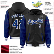 Laden Sie das Bild in den Galerie-Viewer, Uksn Individuelles Bomberjacke in Schwarz-Royalblau-Weiß mit Druckknopfleiste, Kapuze, Zweifarben-Design und Varsity-Letterman-Stil