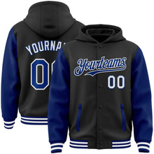 Laden Sie das Bild in den Galerie-Viewer, Uksn Individuelles Bomberjacke in Schwarz-Royalblau-Weiß mit Druckknopfleiste, Kapuze, Zweifarben-Design und Varsity-Letterman-Stil