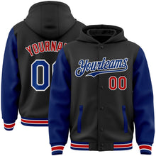 Laden Sie das Bild in den Galerie-Viewer, Uksn Individuelles Bomberjacke in Schwarz-Royalblau-Rot mit Druckknopfleiste, Kapuze, Zweifarben-Design und Varsity-Letterman-Stil