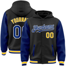 Laden Sie das Bild in den Galerie-Viewer, Uksn Individuelles Bomberjacke in Schwarz-Royalblau-Gelb mit Druckknopfleiste, Kapuze, Zweifarben-Design und Varsity-Letterman-Stil