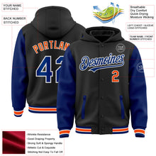 Laden Sie das Bild in den Galerie-Viewer, Uksn Individuelles Bomberjacke in Schwarz-Royalblau-Orange mit Druckknopfleiste, Kapuze, Zweifarben-Design und Varsity-Letterman-Stil
