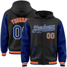 Laden Sie das Bild in den Galerie-Viewer, Uksn Individuelles Bomberjacke in Schwarz-Royalblau-Orange mit Druckknopfleiste, Kapuze, Zweifarben-Design und Varsity-Letterman-Stil