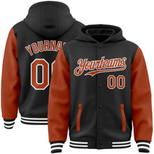 Laden Sie das Bild in den Galerie-Viewer, Uksn Individuelles Bomberjacke in Schwarz-Texas-Orange-Weiß mit Druckknopfleiste, Kapuze, Zweifarben-Design und Varsity-Letterman-Stil