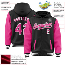 Laden Sie das Bild in den Galerie-Viewer, Uksn Individuelles Bomberjacke in Schwarz-Pink-Weiß mit Druckknopfleiste, Kapuze, Zweifarben-Design und Varsity-Letterman-Stil