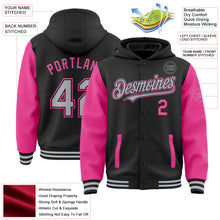Laden Sie das Bild in den Galerie-Viewer, Uksn Individuelles Bomberjacke in Schwarz-Grau-Pink mit Druckknopfleiste, Kapuze, Zweifarben-Design und Varsity-Letterman-Stil