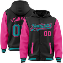Laden Sie das Bild in den Galerie-Viewer, Uksn Individuelles Bomberjacke in Schwarz-Petrol-Pink mit Druckknopfleiste, Kapuze, Zweifarben-Design und Varsity-Letterman-Stil