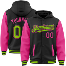 Laden Sie das Bild in den Galerie-Viewer, Uksn Individuelles Bomberjacke in Schwarz-Neongrün-Pink mit Druckknopfleiste, Kapuze, Zweifarben-Design und Varsity-Letterman-Stil
