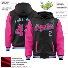 Laden Sie das Bild in den Galerie-Viewer, Uksn Individuelles Bomberjacke in Schwarz-Pink-Hellblau mit Druckknopfleiste, Kapuze, Zweifarben-Design und Varsity-Letterman-Stil