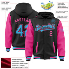 Laden Sie das Bild in den Galerie-Viewer, Uksn Individuelles Bomberjacke in Schwarz-Himmelblau-Pink mit Druckknopfleiste, Kapuze, Zweifarben-Design und Varsity-Letterman-Stil