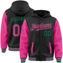 Laden Sie das Bild in den Galerie-Viewer, Uksn Individuelles Bomberjacke in Schwarz-Pink-Kelly-Grün mit Druckknopfleiste, Kapuze, Zweifarben-Design und Varsity-Letterman-Stil