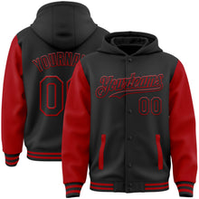 Laden Sie das Bild in den Galerie-Viewer, Uksn Individuelles Bomberjacke in Schwarz-Rot mit Druckknopfleiste, Kapuze, Zweifarben-Design und Varsity-Letterman-Stil