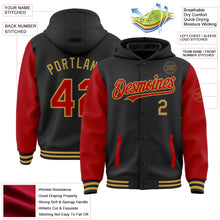 Laden Sie das Bild in den Galerie-Viewer, Uksn Individuelles Bomberjacke in Schwarz-Rot-Altgold mit Druckknopfleiste, Kapuze, Zweifarben-Design und Varsity-Letterman-Stil