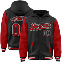 Laden Sie das Bild in den Galerie-Viewer, Uksn Individuelles Bomberjacke in Schwarz-Rot-Weiß mit Druckknopfleiste, Kapuze, Zweifarben-Design und Varsity-Letterman-Stil