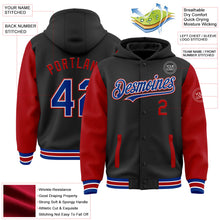 Laden Sie das Bild in den Galerie-Viewer, Uksn Individuelles Bomberjacke in Schwarz-Royalblau-Rot mit Druckknopfleiste, Kapuze, Zweifarben-Design und Varsity-Letterman-Stil