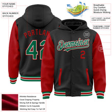 Laden Sie das Bild in den Galerie-Viewer, Uksn Individuelles Bomberjacke in Schwarz-Kelly-Grün-Rot mit Druckknopfleiste, Kapuze, Zweifarben-Design und Varsity-Letterman-Stil