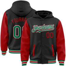 Laden Sie das Bild in den Galerie-Viewer, Uksn Individuelles Bomberjacke in Schwarz-Kelly-Grün-Rot mit Druckknopfleiste, Kapuze, Zweifarben-Design und Varsity-Letterman-Stil
