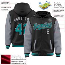 Laden Sie das Bild in den Galerie-Viewer, Uksn Individuelles Bomberjacke in Schwarz-Petrol-Grau mit Druckknopfleiste, Kapuze, Zweifarben-Design und Varsity-Letterman-Stil