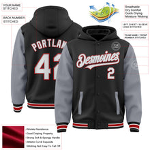Laden Sie das Bild in den Galerie-Viewer, Uksn Individuelles Bomberjacke in Schwarz-Grau-Rot mit Druckknopfleiste, Kapuze, Zweifarben-Design und Varsity-Letterman-Stil