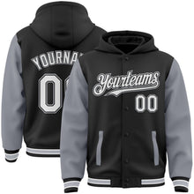 Laden Sie das Bild in den Galerie-Viewer, Uksn Individuelles Bomberjacke in Schwarz-Weiß-Grau mit Druckknopfleiste, Kapuze, Zweifarben-Design und Varsity-Letterman-Stil