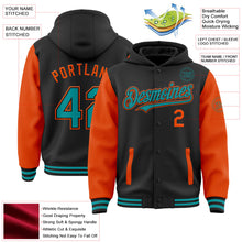 Laden Sie das Bild in den Galerie-Viewer, Uksn Individuelles Bomberjacke in Schwarz-Petrol-Orange mit Druckknopfleiste, Kapuze, Zweifarben-Design und Varsity-Letterman-Stil