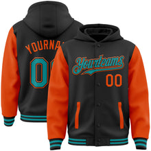 Laden Sie das Bild in den Galerie-Viewer, Uksn Individuelles Bomberjacke in Schwarz-Petrol-Orange mit Druckknopfleiste, Kapuze, Zweifarben-Design und Varsity-Letterman-Stil