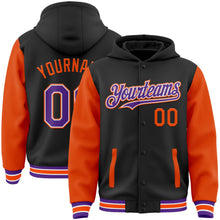 Laden Sie das Bild in den Galerie-Viewer, Uksn Individuelles Bomberjacke in Schwarz-Violett-Orange mit Druckknopfleiste, Kapuze, Zweifarben-Design und Varsity-Letterman-Stil
