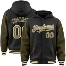 Laden Sie das Bild in den Galerie-Viewer, Uksn Individuelles Bomberjacke in Schwarz-Camouflage-Oliv-Creme mit Druckknopfleiste, Kapuze, Zweifarben-Design und Varsity-Letterman-Stil