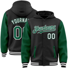 Laden Sie das Bild in den Galerie-Viewer, Uksn Individuelles Bomberjacke in Schwarz-Kelly-Grün-Weiß mit Druckknopfleiste, Kapuze, Zweifarben-Design und Varsity-Letterman-Stil