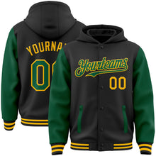 Laden Sie das Bild in den Galerie-Viewer, Uksn Individuelles Bomberjacke in Schwarz-Kelly-Grün-Gold mit Druckknopfleiste, Kapuze, Zweifarben-Design und Varsity-Letterman-Stil