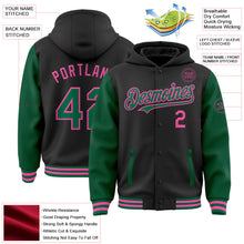 Laden Sie das Bild in den Galerie-Viewer, Uksn Individuelles Bomberjacke in Schwarz-Kelly-Grün-Pink mit Druckknopfleiste, Kapuze, Zweifarben-Design und Varsity-Letterman-Stil