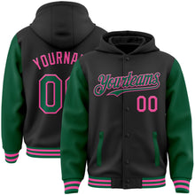 Laden Sie das Bild in den Galerie-Viewer, Uksn Individuelles Bomberjacke in Schwarz-Kelly-Grün-Pink mit Druckknopfleiste, Kapuze, Zweifarben-Design und Varsity-Letterman-Stil