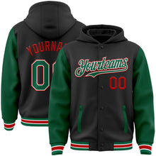 Laden Sie das Bild in den Galerie-Viewer, Uksn Individuelles Bomberjacke in Schwarz-Kelly-Grün-Rot mit Druckknopfleiste, Kapuze, Zweifarben-Design und Varsity-Letterman-Stil