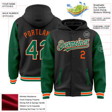 Laden Sie das Bild in den Galerie-Viewer, Uksn Individuelles Bomberjacke in Schwarz-Kelly-Grün-Orange mit Druckknopfleiste, Kapuze, Zweifarben-Design und Varsity-Letterman-Stil
