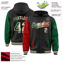 Laden Sie das Bild in den Galerie-Viewer, Uksn Individuelles Bomberjacke in Schwarz-Kelly-Grün-Rot-Creme mit Vintage-Mexiko-Flagge, Druckknopfleiste, Kapuze, Zweifarben-Design und Varsity-Letterman-Stil