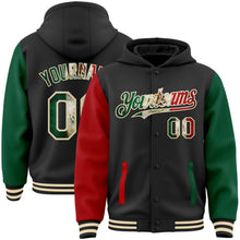 Laden Sie das Bild in den Galerie-Viewer, Uksn Individuelles Bomberjacke in Schwarz-Kelly-Grün-Rot-Creme mit Vintage-Mexiko-Flagge, Druckknopfleiste, Kapuze, Zweifarben-Design und Varsity-Letterman-Stil