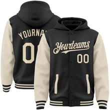 Laden Sie das Bild in den Galerie-Viewer, Uksn Individuelles Bomberjacke in Schwarz-Creme mit Druckknopfleiste, Kapuze, Zweifarben-Design und Varsity-Letterman-Stil