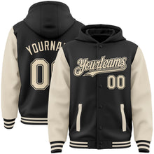 Laden Sie das Bild in den Galerie-Viewer, Uksn Individuelles Bomberjacke in Schwarz-Creme mit Druckknopfleiste, Kapuze, Zweifarben-Design und Varsity-Letterman-Stil