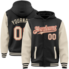 Laden Sie das Bild in den Galerie-Viewer, Uksn Individuelles Bomberjacke in Schwarz-Creme-Rot mit Druckknopfleiste, Kapuze, Zweifarben-Design und Varsity-Letterman-Stil