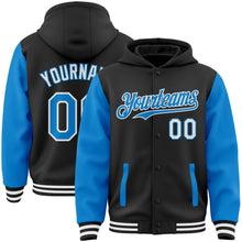 Laden Sie das Bild in den Galerie-Viewer, Uksn Individuelles Bomberjacke in Schwarz-Puderblau-Weiß mit Druckknopfleiste, Kapuze, Zweifarben-Design und Varsity-Letterman-Stil