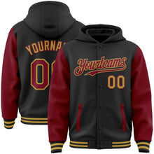 Laden Sie das Bild in den Galerie-Viewer, Uksn Individuelles Bomberjacke in Schwarz-Karmesinrot-Altgold mit Druckknopfleiste, Kapuze, Zweifarben-Design und Varsity-Letterman-Stil