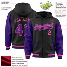 Laden Sie das Bild in den Galerie-Viewer, Uksn Individuelles Bomberjacke in Schwarz-Violett-Pink mit Druckknopfleiste, Kapuze, Zweifarben-Design und Varsity-Letterman-Stil